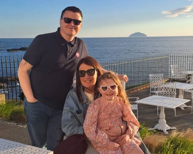 Brian Connelly with his daughter Evlyn and wife Ellie. Brian, a plastering supervisor with Blackpool-based building company Evolution, was devastated when a friend and work colleague took his own life earlier this year. He is taking part in a 60km walking challenge as part of fundraising for Movember in support of men’s mental health.