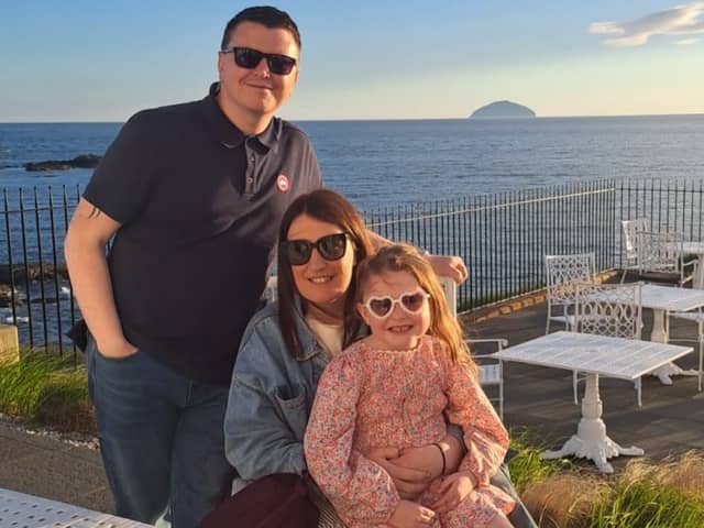 Brian Connelly with his daughter Evlyn and wife Ellie. Brian, a plastering supervisor with Blackpool-based building company Evolution, was devastated when a friend and work colleague took his own life earlier this year. He is taking part in a 60km walking challenge as part of fundraising for Movember in support of men’s mental health.