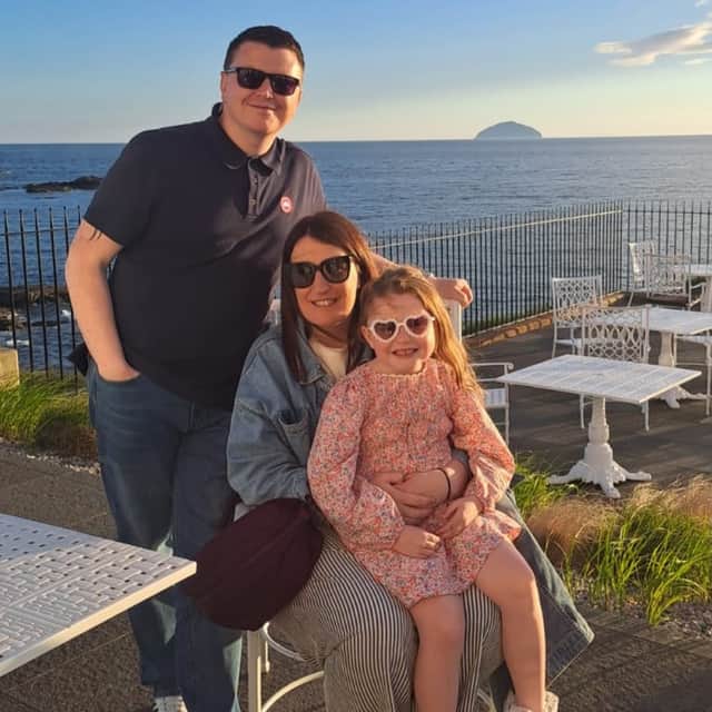 Brian Connelly with his daughter Evlyn and wife Ellie. Brian, a plastering supervisor with Blackpool-based building company Evolution, was devastated when a friend and work colleague took his own life earlier this year. He is taking part in a 60km walking challenge as part of fundraising for Movember in support of men’s mental health.