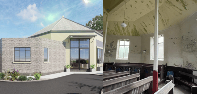 Pictured left: CGI plans for the church. Right: The current state of the chapel.