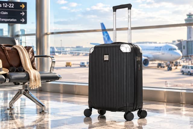 The ATX Luggage 21-inch hard-shell cabin suitcase has a 33-litre capacity, four dual spinner wheels and a built-in three-digit lock.