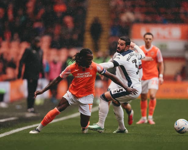 Karoy Anderson in possession as Blackpool were well beaten by Mansfield Town at Bloomfield Road on Saturday