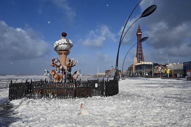 Foam on Blackpool's central Promenade amid Storm Boelo conditions