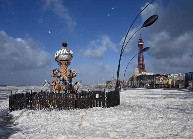 Foam on Blackpool's central Promenade amid Storm Boelo conditions