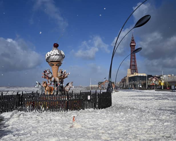 Foam on Blackpool's central Promenade amid Storm Boelo conditions
