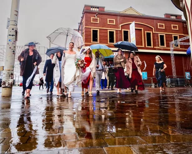 Paul and Leigh Hutchinson and their guests braved Storm Boelo when they married in Blackpool on Saturday 
