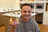Luke Bowen-Price demonstrates one of the build-you-own dessert options at BAD Desserts on Lytham Road, Blackpool  Photo: Lucinda Herbert