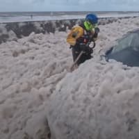 Fleetwood Coastguard called to missing person search as cars engulfed by sea foam after Storm Boelo