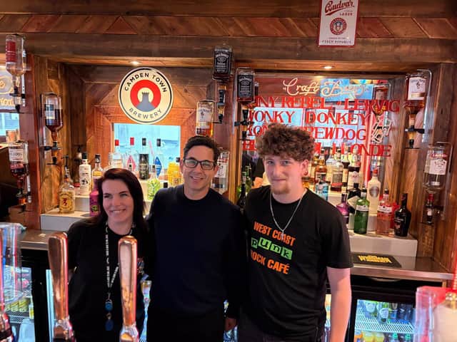 Film star and musical heavyweight Adam Garcia nipped into West Coast Rock Cafe in Blackpool for lunch during some downtime in the resort. Here he is pictured with West Coast's Tasha and Zach