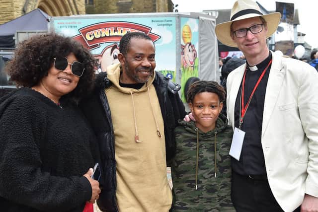 (l-r) Faouir, Bede and Splendour Obi Favour from Blackpool Church, St John’s with Bishop Philip at The Big Day Out in Blackpool