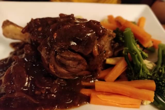 The lamb shank was delectable and the gravy was tasty, but the mash was rubbery and the vegetables rather bland (Picture: JPIMedia/Michael Holmes)