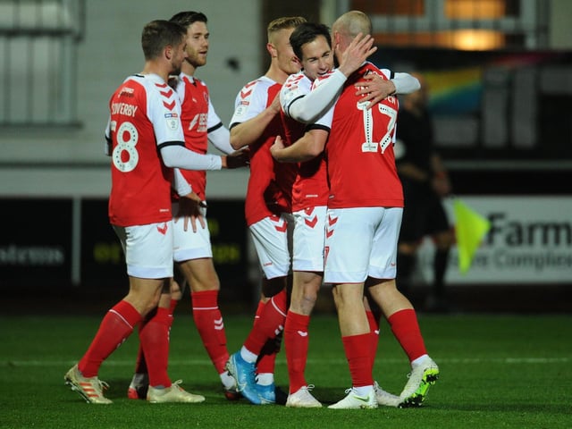 Fleetwood celebrate their second goal by Josh Morris in the 5-2 rout of Oldham