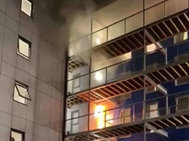 Handout videograb of the fire after it had just started on the top floors of a student accommodation building in Bolton, Greater Manchester. The fire eventually spread and engulfed the entire six-storey building. Picture: Rafaela Nunes/PA Wire