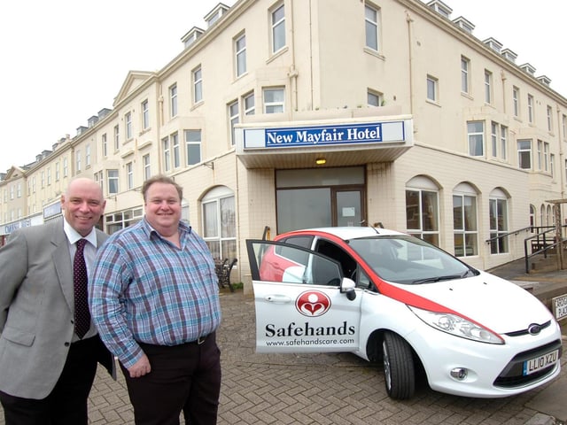 Simon Rigby and Gary Farrer of Safe Hands outsidethe New Mayfair Hotel