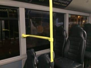 An 18-year-old female passenger was hospitalised with a deep cut to her head after being struck with a metal lock thrown through a bus window. Pic: Blackpool Transport