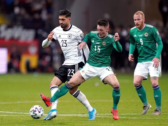 Jordan Thompson in the thick of the action for Northern Ireland in Frankfurt
Picture: JOHN WALTON / PA WIRE