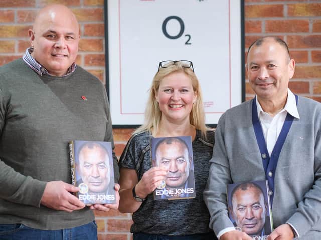 Eddie Jones (right) with Alison Plackitt from event organisers Plackitt and Booth, and former Fylde captain Matt Filipo, who interviewed him ahead of a question and answer session.