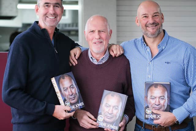 Rugby fans (from left) Andrew Thornton, Doug Robinson and Andy Gregson at the event with their books signed by Eddie.