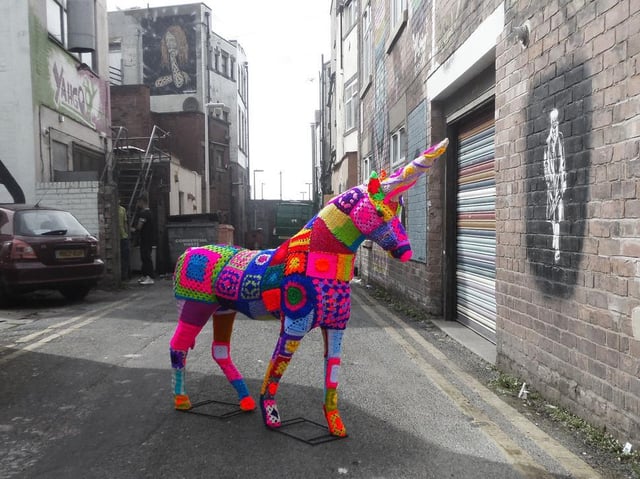 A unicorn created by members of Knittaz With Attitude