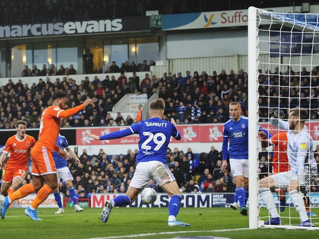 Joe Nuttall scores his first league goal for Blackpool at Ipswich