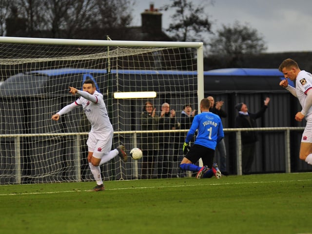 Mark Yeates celebrates his recall with his first Fylde goal Picture: STEVE MCLELLAN