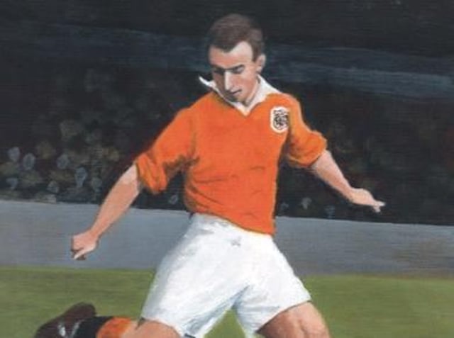 A painting of Sir Stanley Matthews performing for Blackpool at Bloomfield Road in 1949