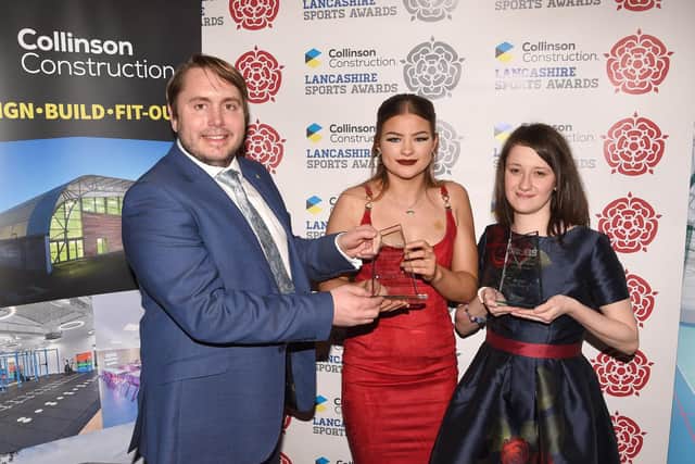 Young Achiever of the Year Erin Green (right) with co-winner Alyssa Bristow and Sam Collinson of headline sponsors Collinson Construction