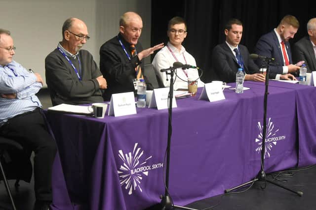 Left to right: Duncan Royle (Green Party), Bill Greene (Lib Dem), Andy Higgins (Independent), student Oskar Galazka, Scott Benton (Conservative), Chris Webb, (Labour), and Gordon Marsden (Labour).