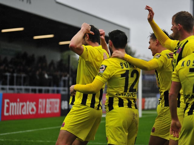 After scoring on his Fylde debut at Boreham Wood, Andy Taylor (far left) is looking forward to another landmark day on his return to Sheffield United Picture: STEVE MCLELLAN