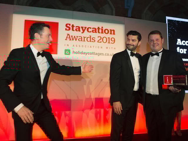 BBC presenter Matt Baker, award presenter Andrew Webb and Sancastle head of marketing Mark Wilkins at the awards. Picture by Tom Pilston