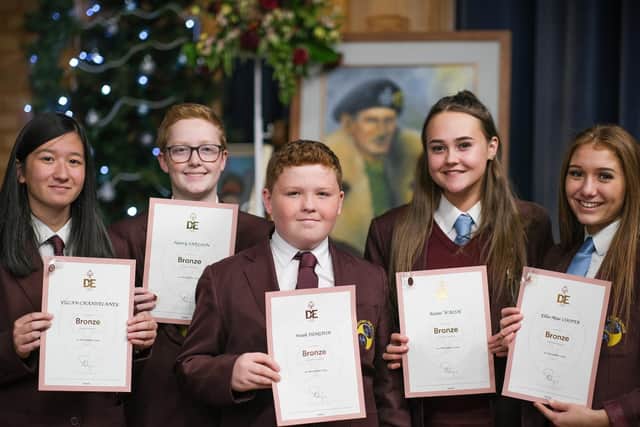 Duke of Edinburgh award winners at Montgomery School. L-R Yulan Chandelaney, Harry Snelson, Noah Edgington, Raine Walsh and Ellie Mae Cooper. Picture by Martin Bostock