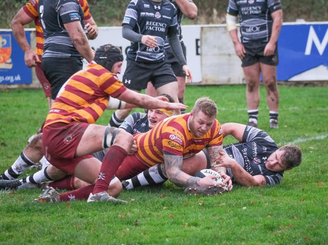 Scott Rawlings scores the opening try for Fylde Picture: MARTIN BOSTOCK