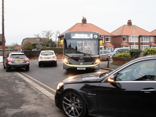 A Blackpool Transport bus struggles to get round the corner