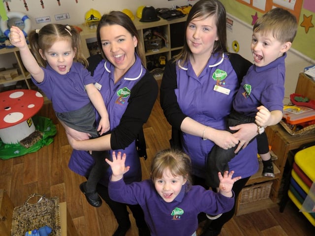 Early years practioners Sharnie Williams and Laura Hill with Lily Percival, Chloe Bamforth and Riley Hawkins, when Treetops was ranked 'outstanding' in March 2016 (Picture: Dan Martino for JPIMedia)