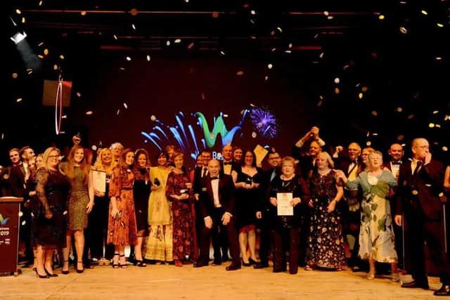 The winners line up on the stage for the 2019 Wyre Business Awards. Photograph by Mel Jones Photography