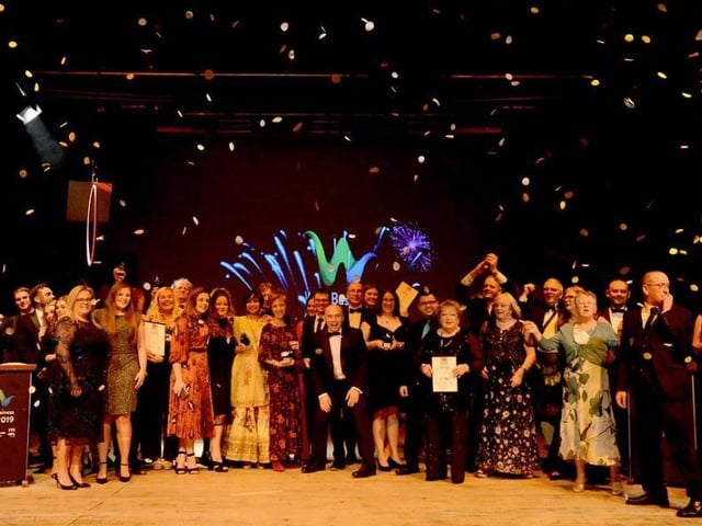The winners line up on the stage for the 2019 Wyre Business Awards. Photograph by Mel Jones Photography