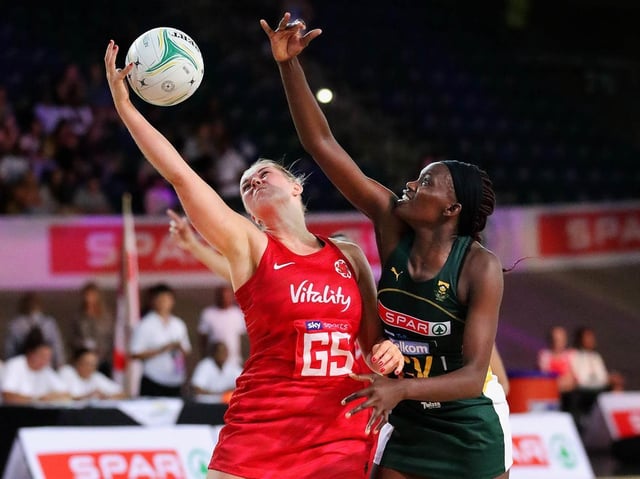 Eleanor Cardwell (left) in action for England against South Africa
Picture: ENGLAND NETBALL