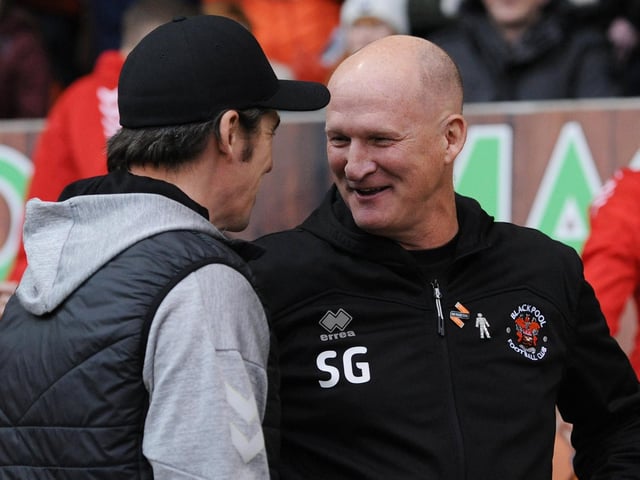 Simon Grayson greets Joey Barton at Bloomfield Road