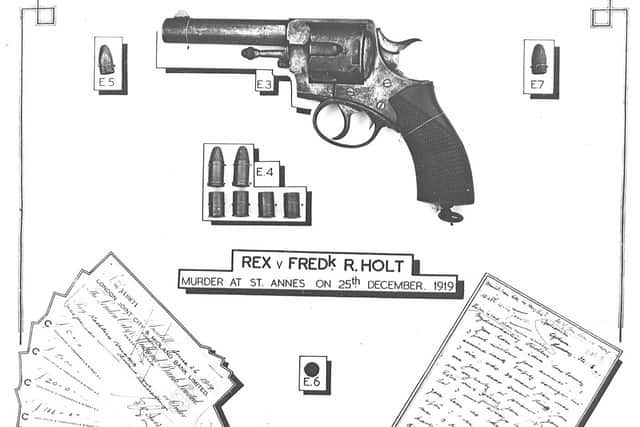On Christmas Eve 1919, the body of Kathleen Alice Breaks of Bradford was found by John Edward Gillett on the Sandhills in St Annes. Frederick Rothwell Holt from Fairhaven, was arrested late on Christmas Eve and charged with the murder. A series of exhibits from the case are pictured here