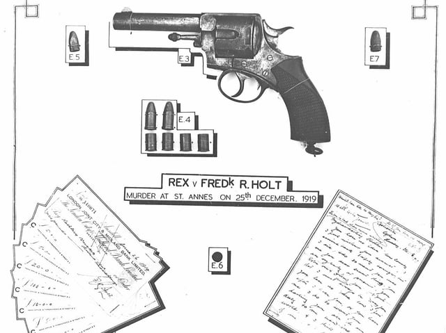 On Christmas Eve 1919, the body of Kathleen Alice Breaks of Bradford was found by John Edward Gillett on the Sandhills in St Annes. Frederick Rothwell Holt from Fairhaven, was arrested late on Christmas Eve and charged with the murder. A series of exhibits from the case are pictured here