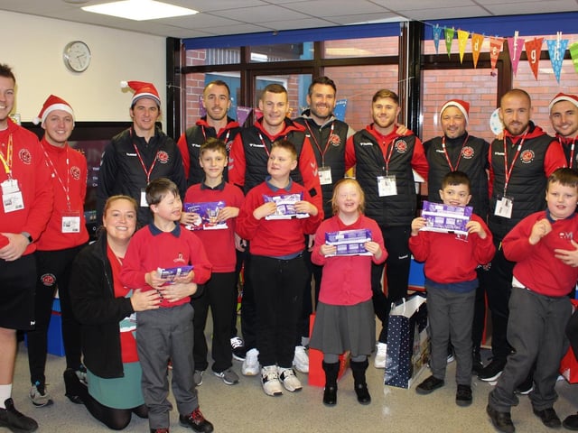 Joey Barton with Fleetwood Town players at Red Marsh School Picture: FLEETWOOD TOWN FC