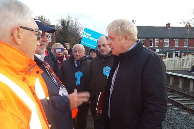 Prime Minister Boris Johnson visiting Thornton railway station after pledging to re-open the Fleetwood to Poulton line