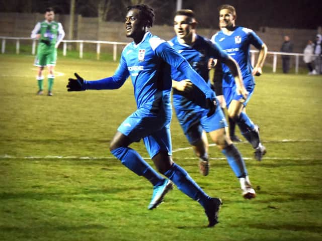 Nana Adarkwa celebrates scoring Squires Gate's winner with his first touch  Picture: ALBERT COOPER
