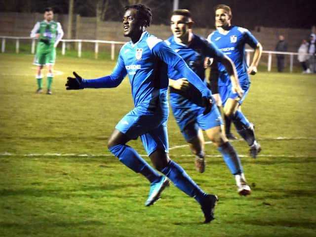 Nana Adarkwa celebrates scoring Squires Gate's winner with his first touch Picture: ALBERT COOPER