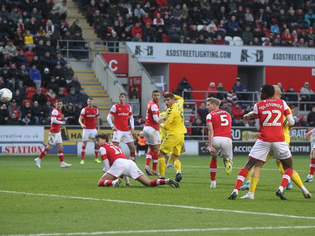 Ched Evans heads Fleetwood's opening goal at Rotherham Picture: CAMERASPORT