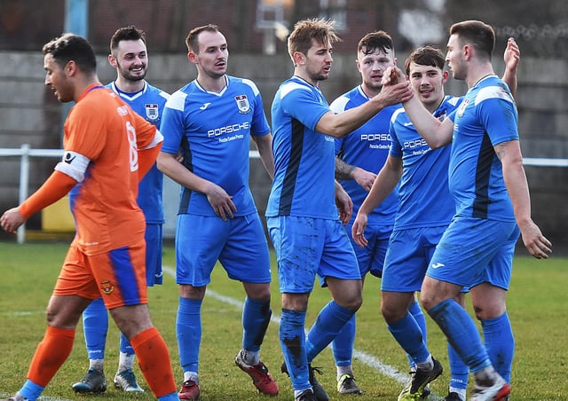 Squires Gate celebrate Gary Pett's second goal Picture: Albert Cooper