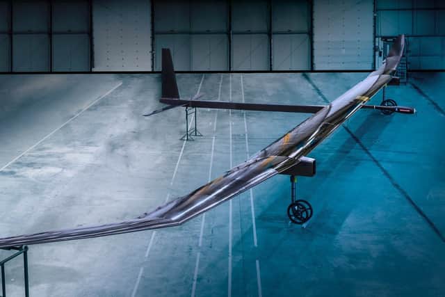The Phasa-35  high altitude pilotless aircraft being readied for flight trials in 2020 by staff from Prismatic of Bristol and BAE Systems of Warton