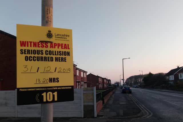 Signs on Kilnhouse Lane, St Annes appealing for witnesses to the fatal incident