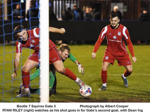 Ryan Riley (right) scores Squires Gate's second with fellow goalscorer Dean Ing in close attendance Picture: ALBERT COOPER