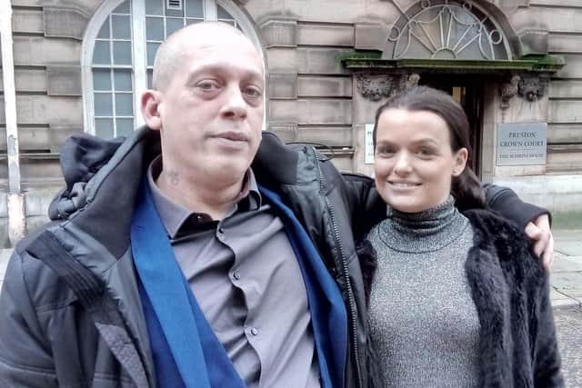 Sexual abuse survivor Wayne Pilsworth outside Sessions House Court with wife Teresa, moments after his abuser Paul Timmis was jailed for 14 years